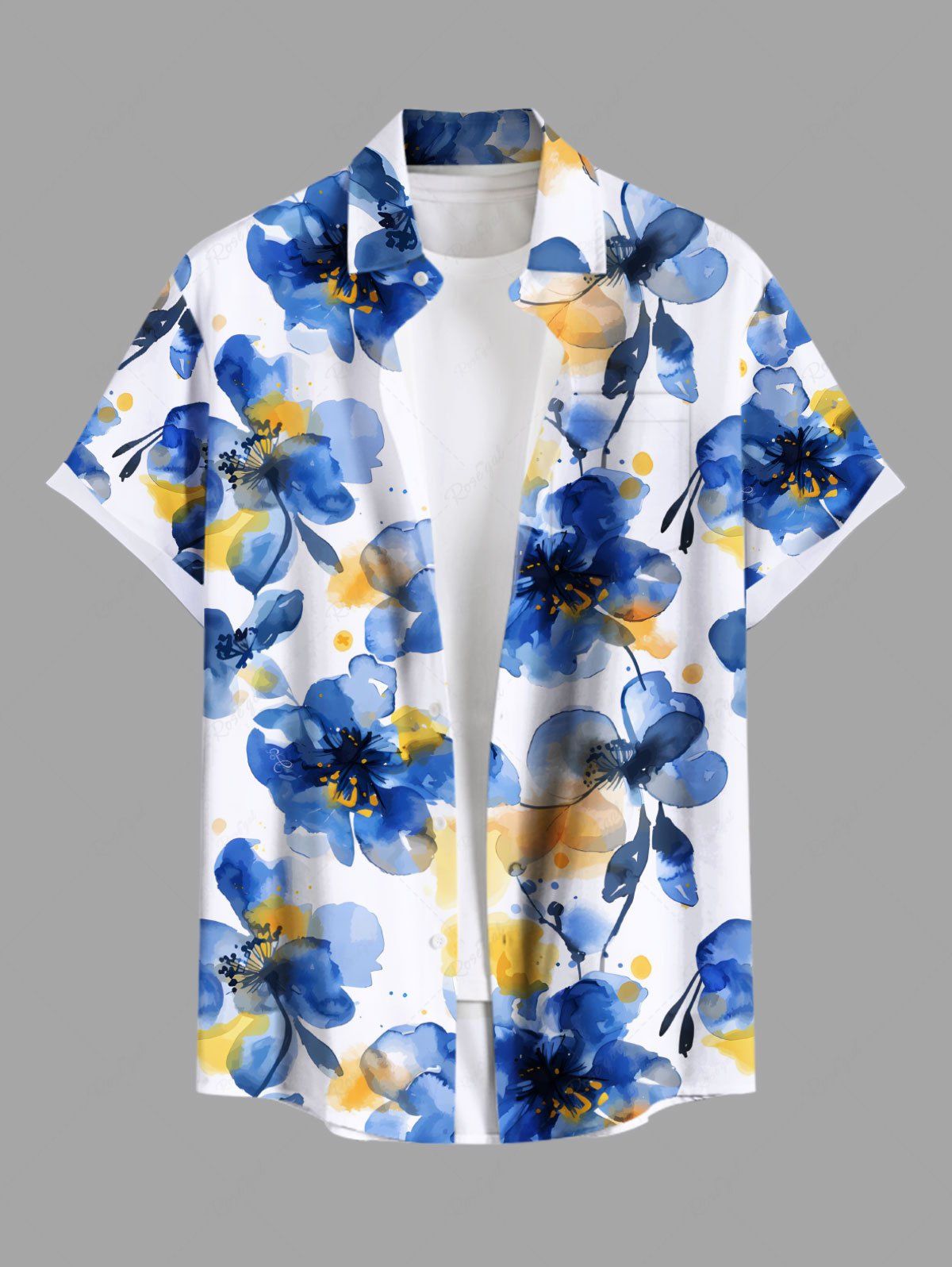 Outfit Plus Size Ombre Watercolor Flower Print Hawaii Button Pocket Shirt For Men  