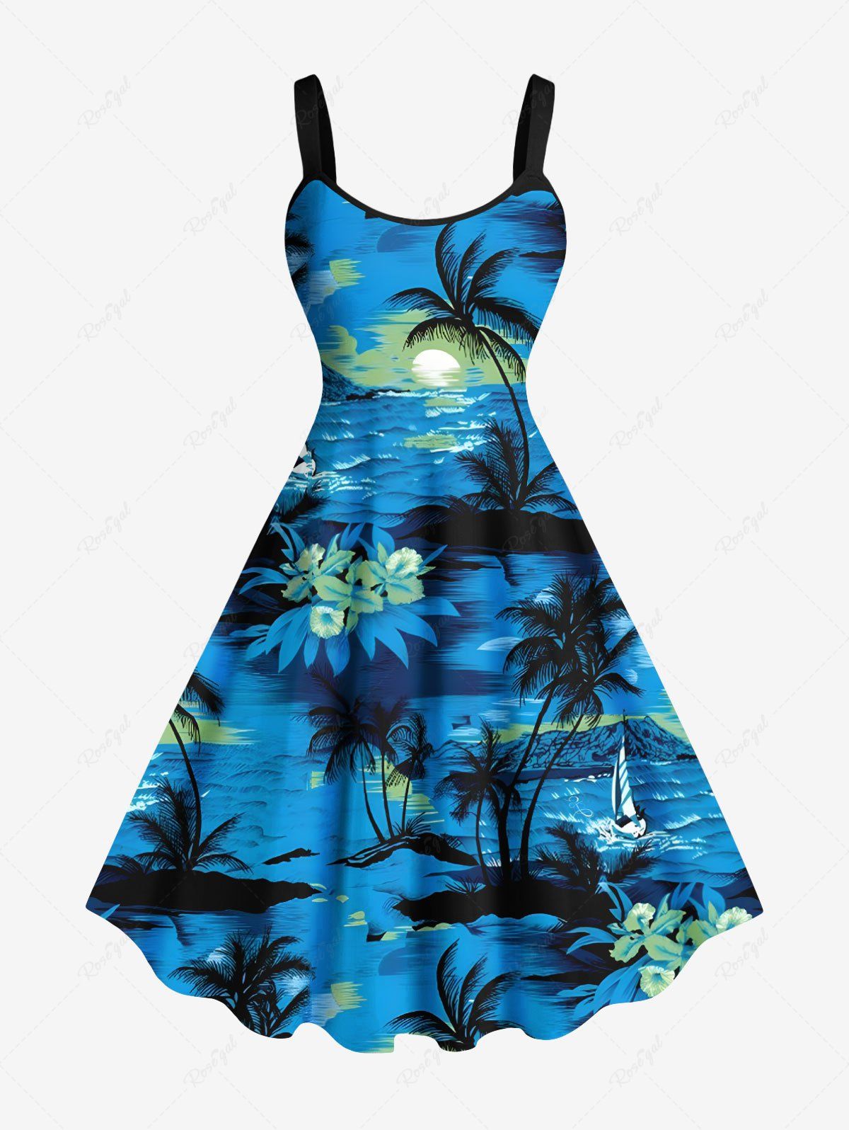 Trendy Plus Size Coconut Tree Hibiscus Flower Seascape Print Hawaii A Line Tank Dress  