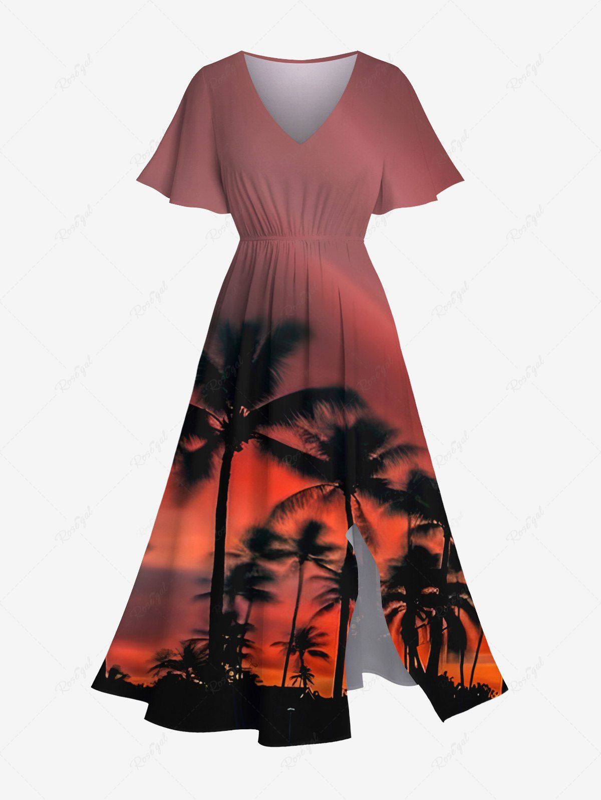 Robe mi-longue hawaïenne grande taille à imprimé cocotiers ombré et crépuscule Rouge 6X