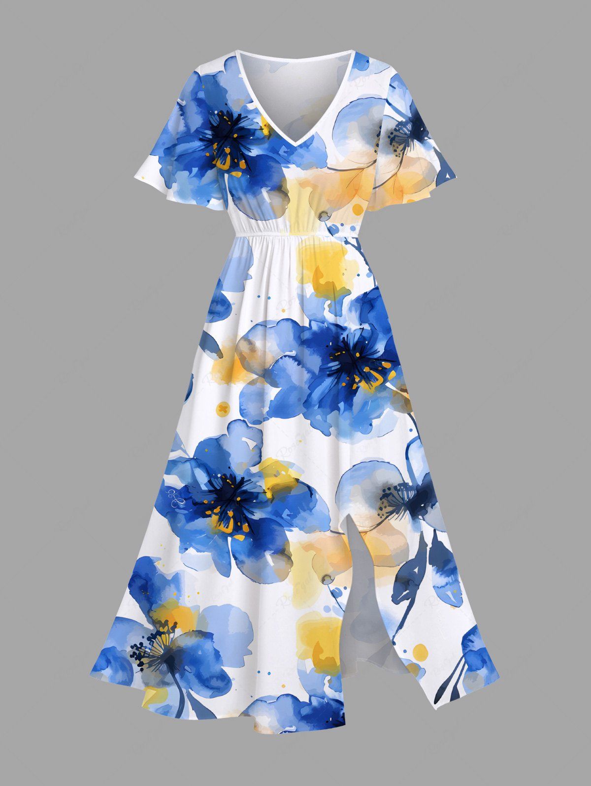 Robe mi-longue hawaïenne grande taille à imprimé floral aquarelle ombré et poches fendues Blanc XXS