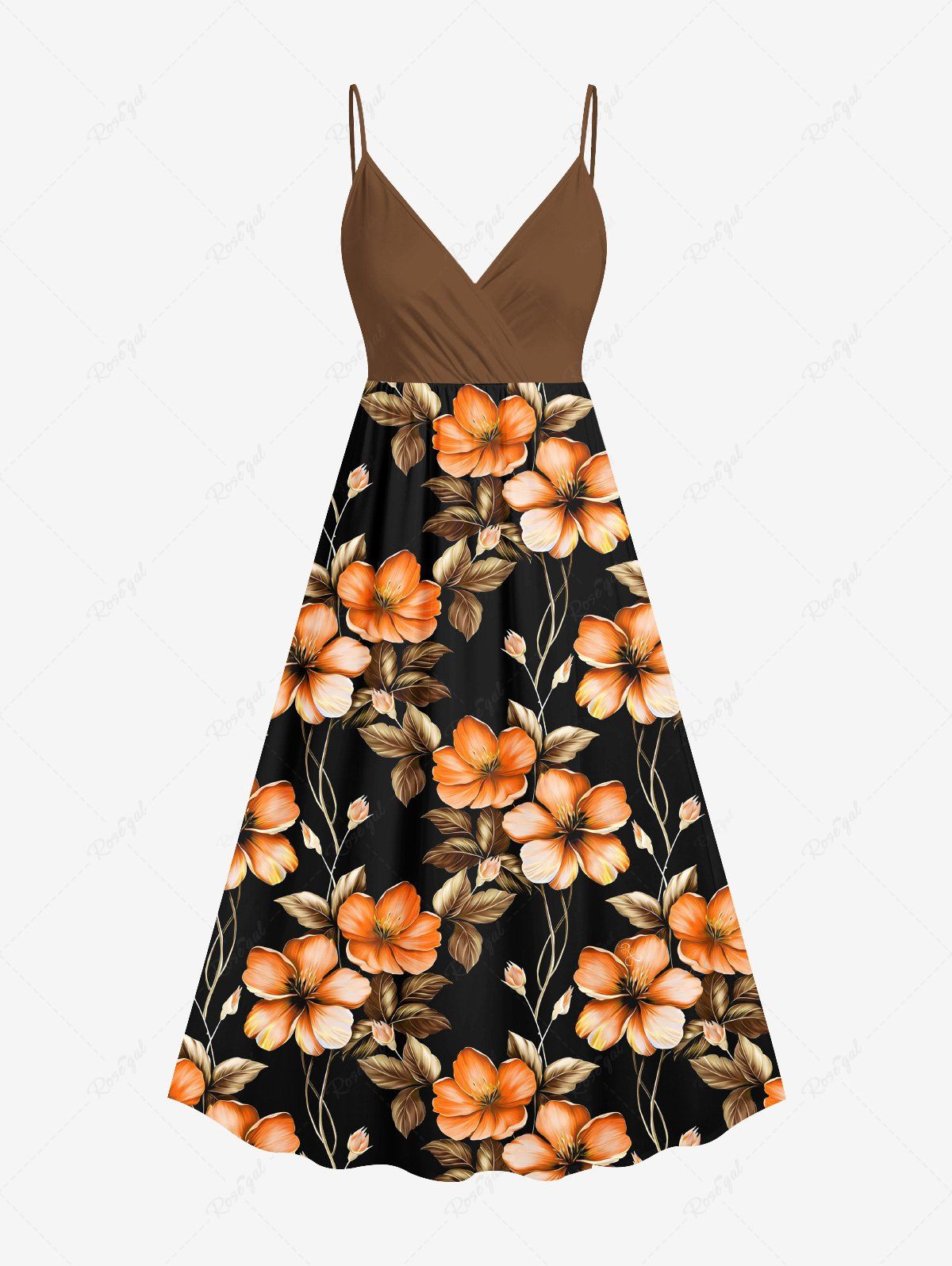Outfits Plus Size Hibiscus Flower Leaf Branch Print Hawaii Surplice A Line Cami Dress  