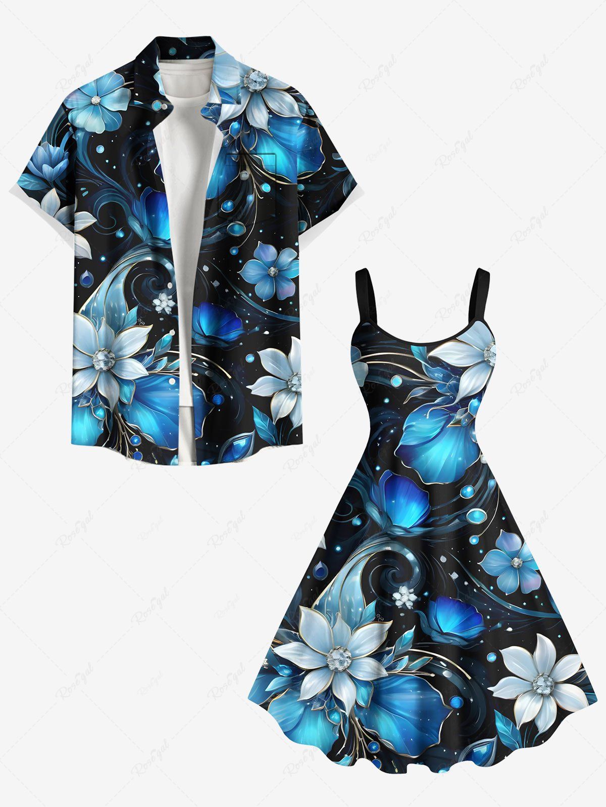 Tenue de plage hawaïenne assortie grande taille à imprimé galaxie et fleurs ombrées pour couples Noir 
