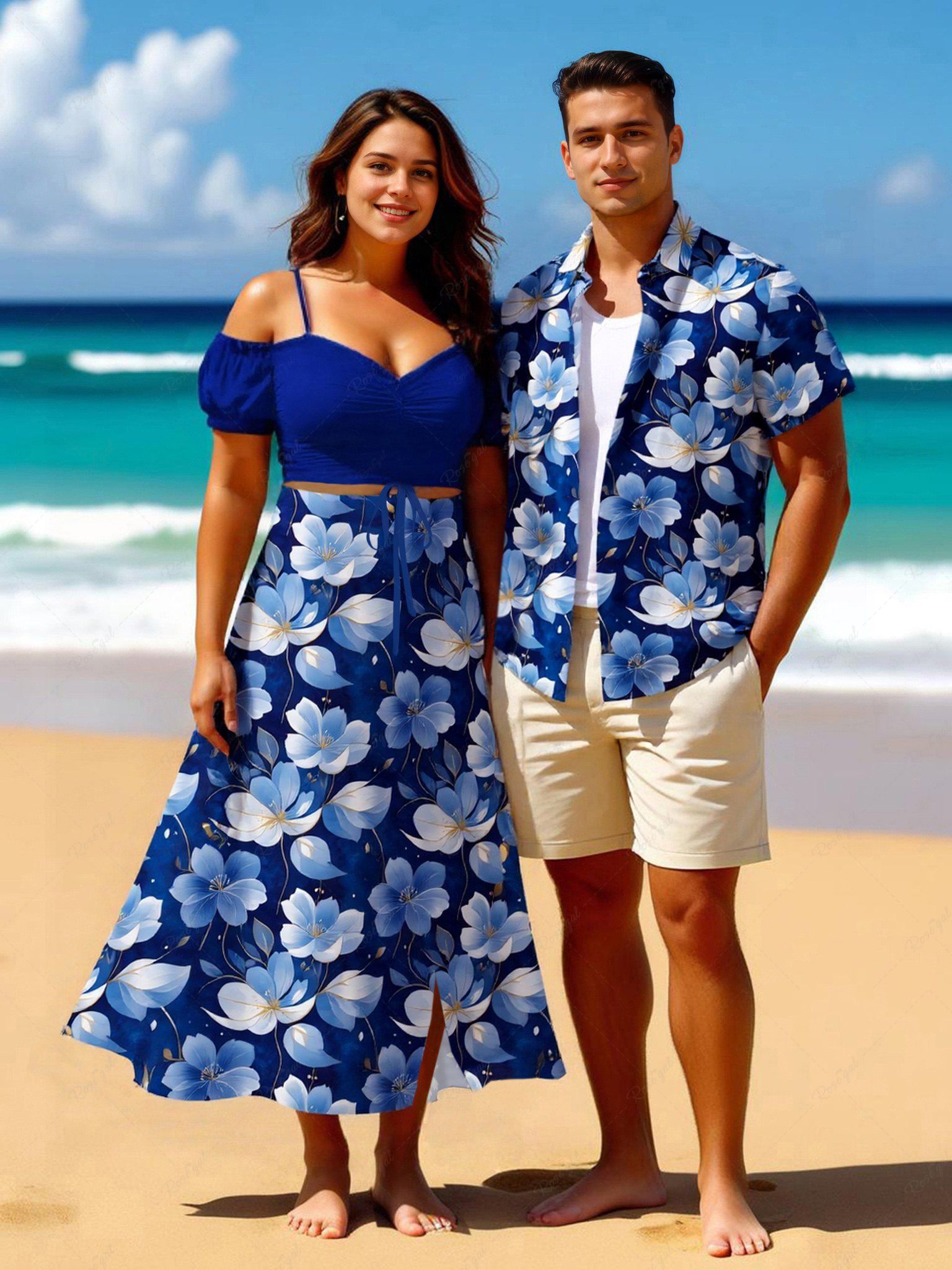 Cheap Flowers Leaf Print Plus Size Matching Hawaii Beach Outfit For Couples  