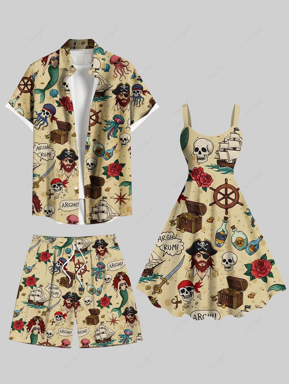 Tenue de plage hawaïenne assortie grande taille pour couple, motif tête de mort, pirate, rose, fleur, bateau, gouvernail, sirène, croisière café lumière 