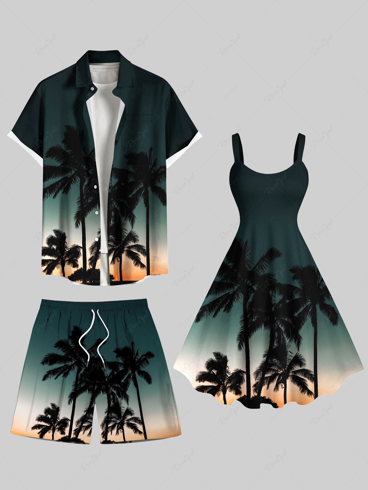 Tenue de plage hawaïenne assortie grande taille à imprimé galaxie ombré cocotier pour couples Vert 