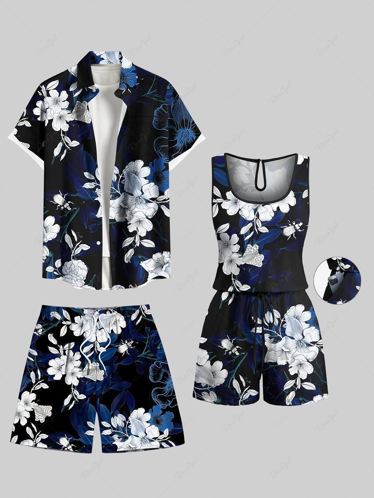 Cheap Matching Hawaii Shirt Shorts and Romper Plus Size Beach Outfit Ombre Hibiscus Flower Leaf Branch Print For Couples  