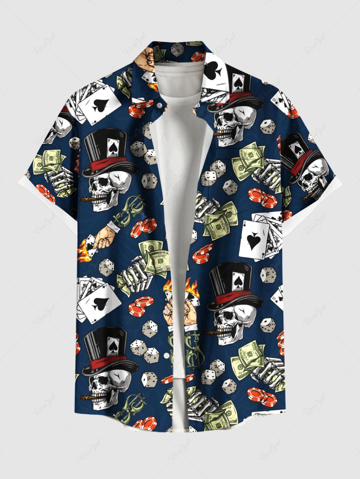 Latest Plus Size Skulls Dealer Poker Dice Print Buttons Pocket Shirt For Men  