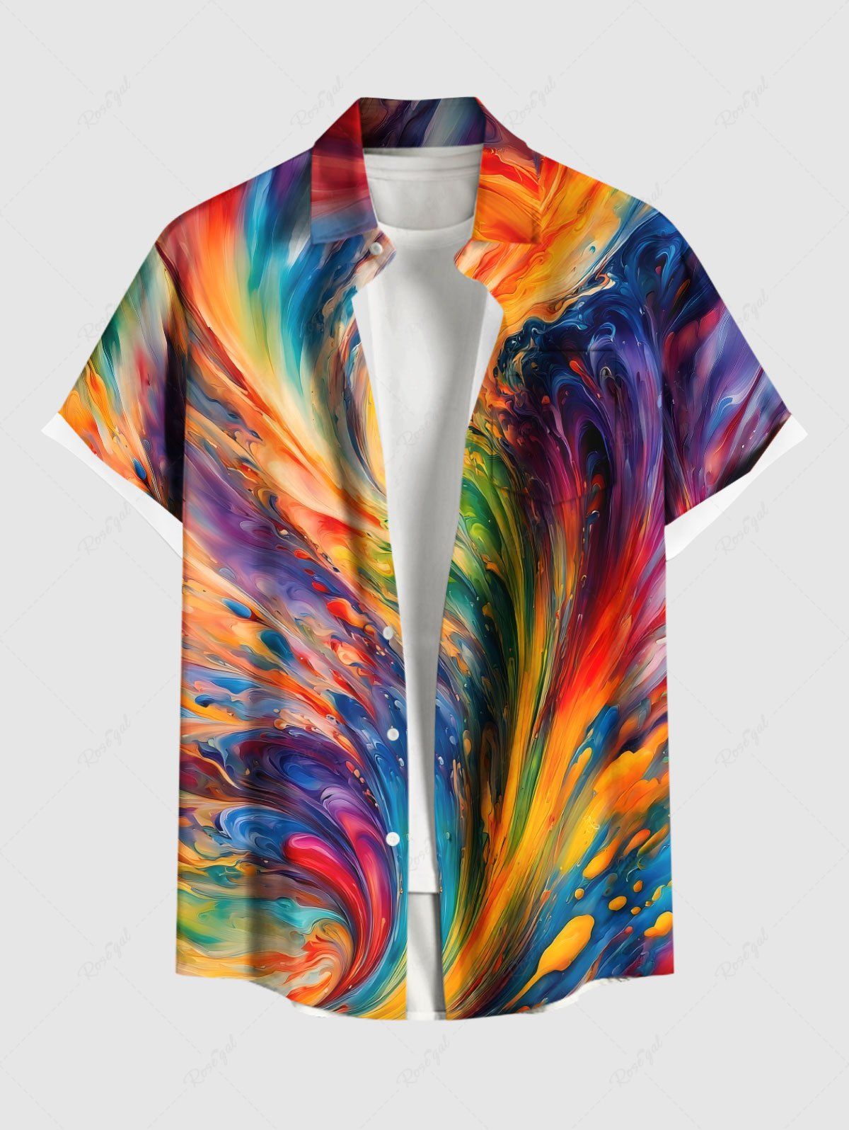 Chemise hawaïenne grande taille à imprimé vagues arc-en-ciel et peinture à l'huile, boutons et poches, pour homme Multi-F XL