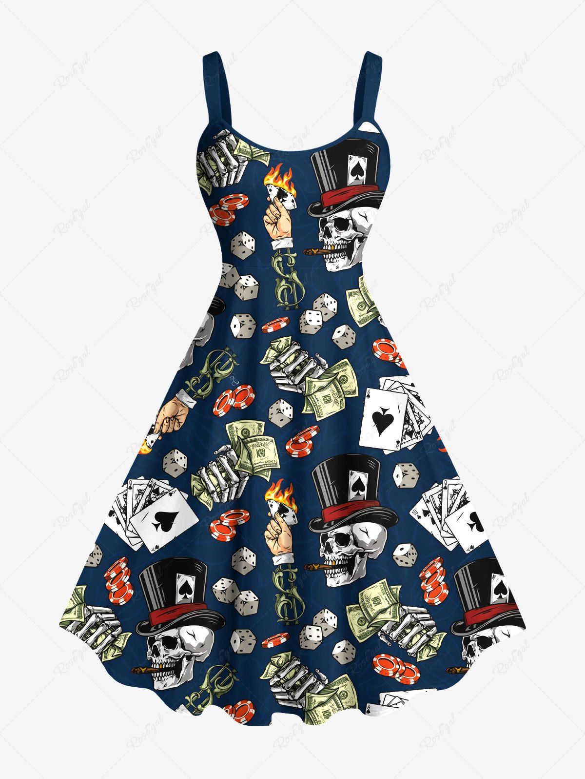 Hot Plus Size Skulls Dealer Poker Dice Print Tank Dress  