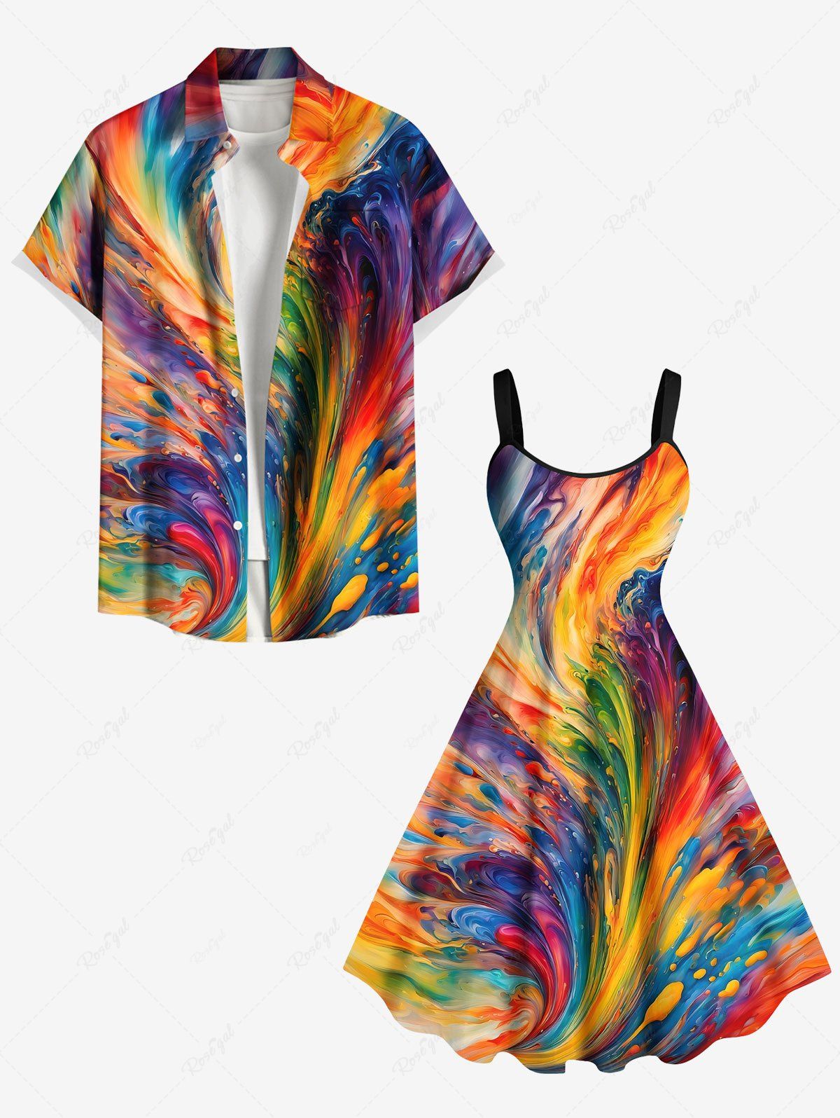 Unique Rainbow Sea Waves Oil Painting Print Plus Size Matching Hawaii Beach Outfit For Couples  
