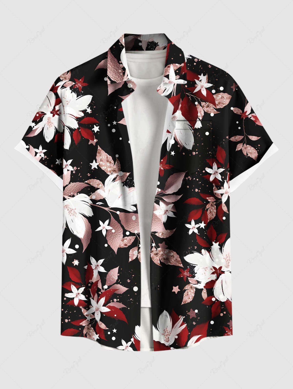 Trendy Plus Size Flowers Leaf Star Print Buttons Pocket Hawaii Shirt For Men  
