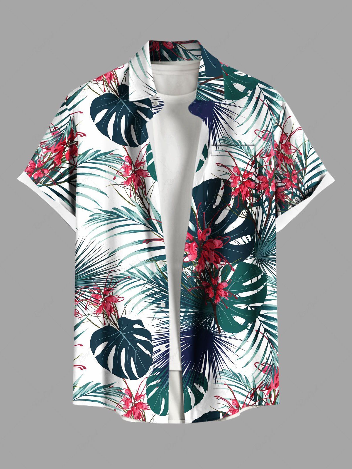 Online Plus Size Tropical Leaf Flowers Print Buttons Pocket Hawaii Shirt For Men  