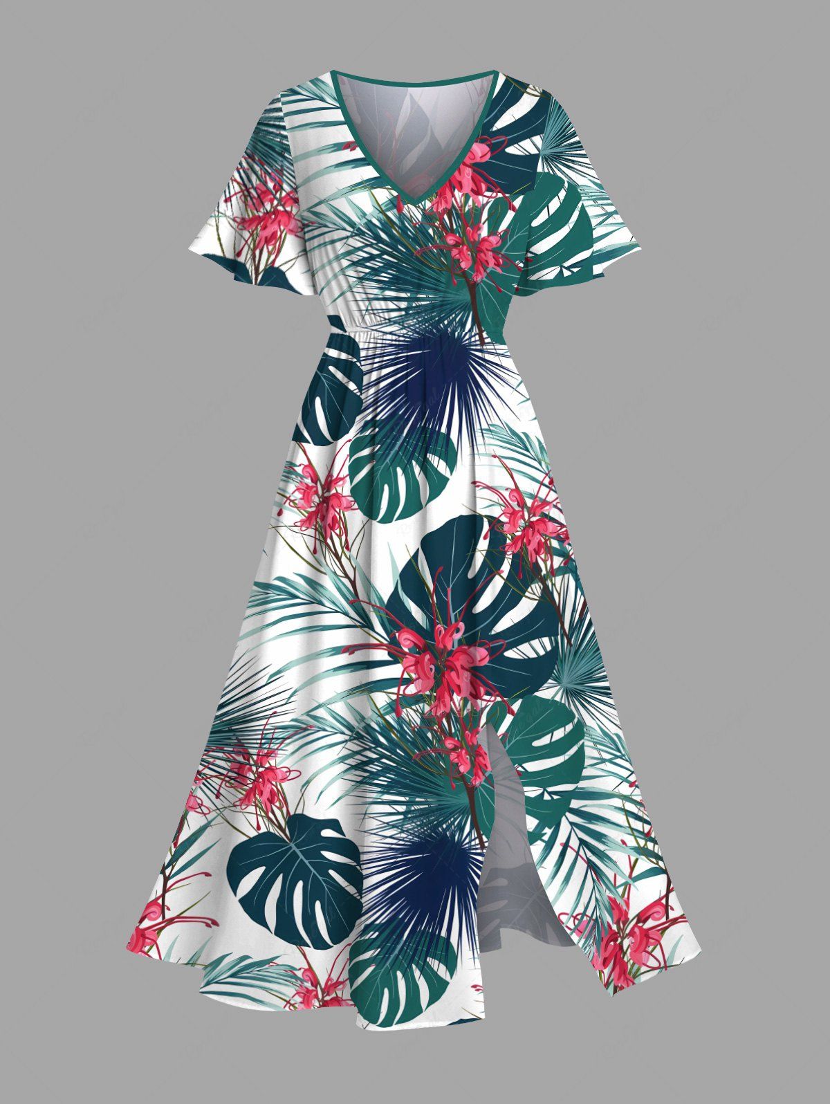 Robe mi-longue hawaïenne fendue à imprimé feuilles tropicales et fleurs grande taille Blanc 6X
