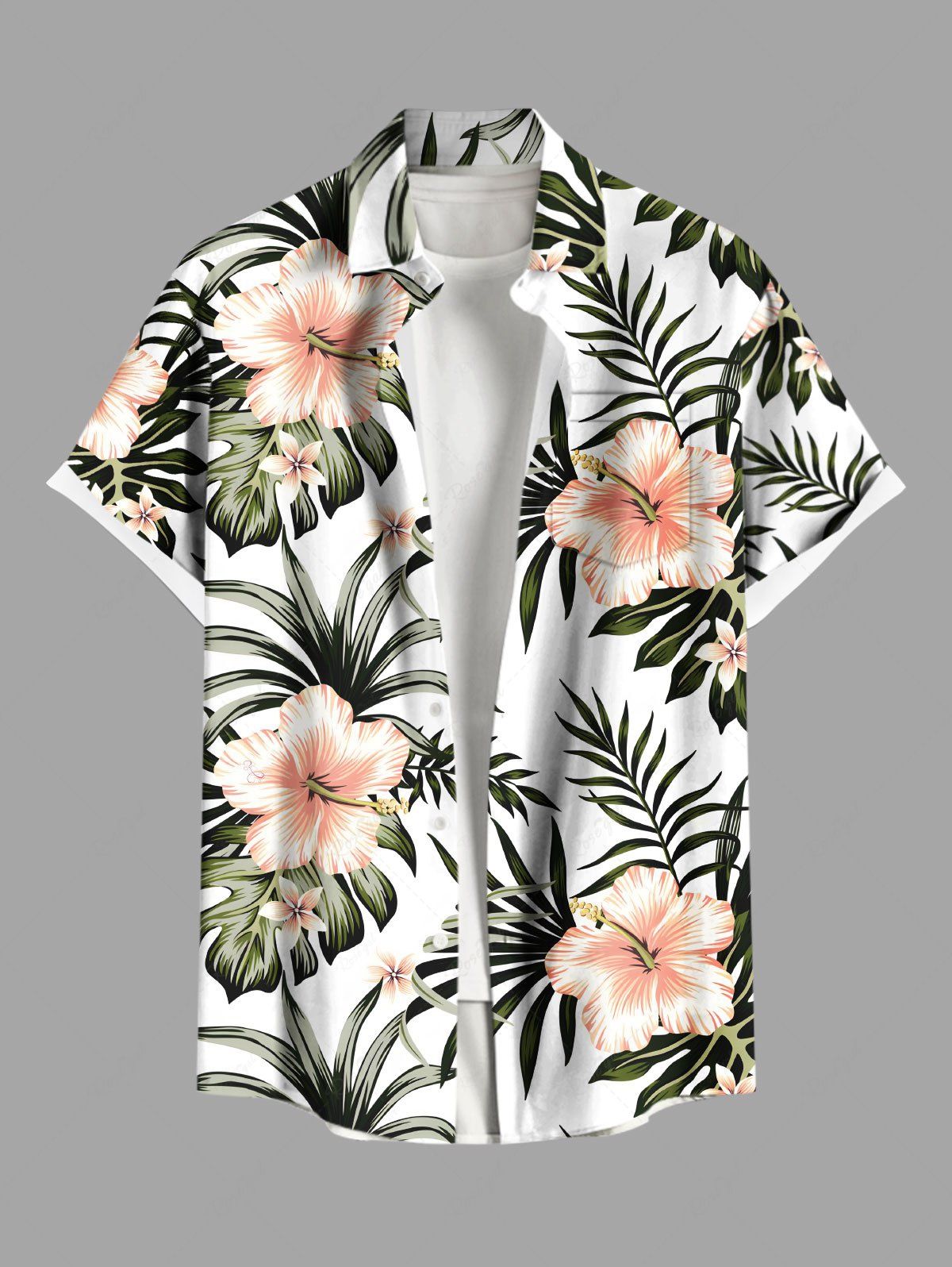 Unique Plus Size Hibiscus Flowers Tropical Leaf Print Buttons Pocket Hawaii Shirt For Men  