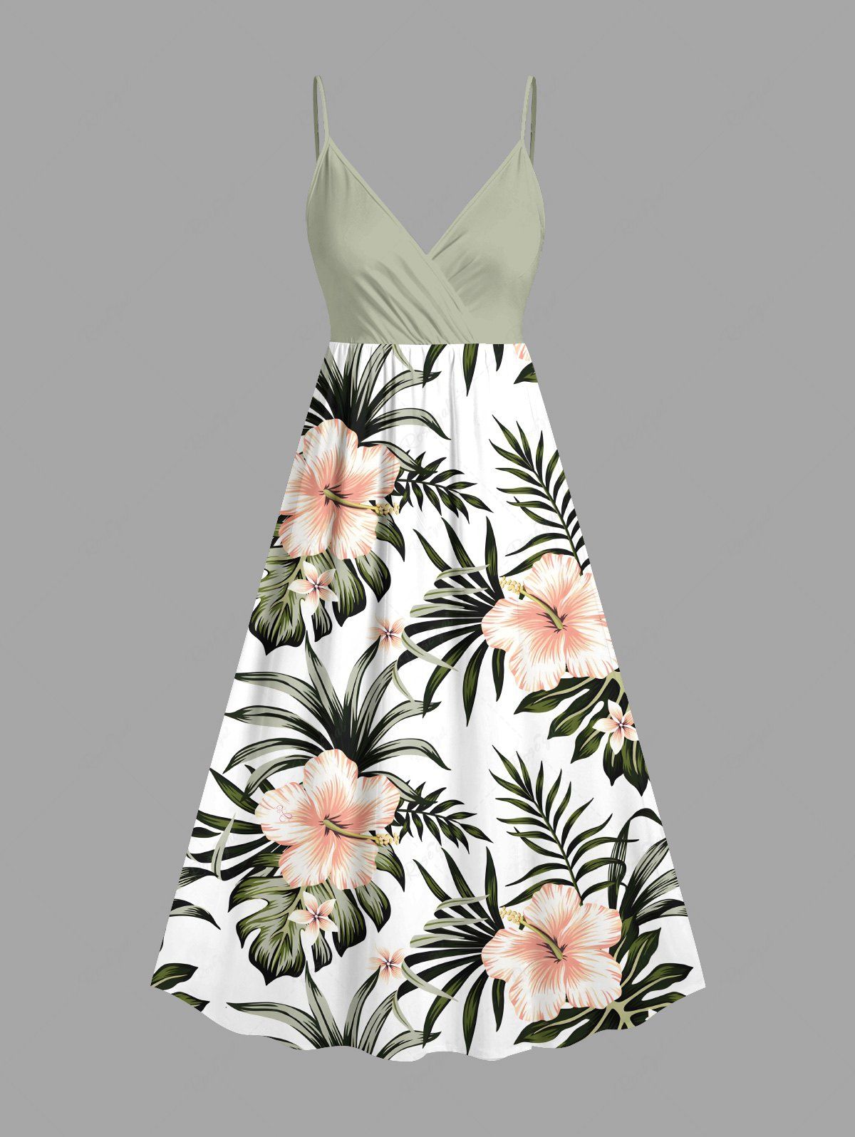 Cheap Plus Size Hibiscus Flowers Tropical Leaf Print Surplice Hawaii Cami Dress  