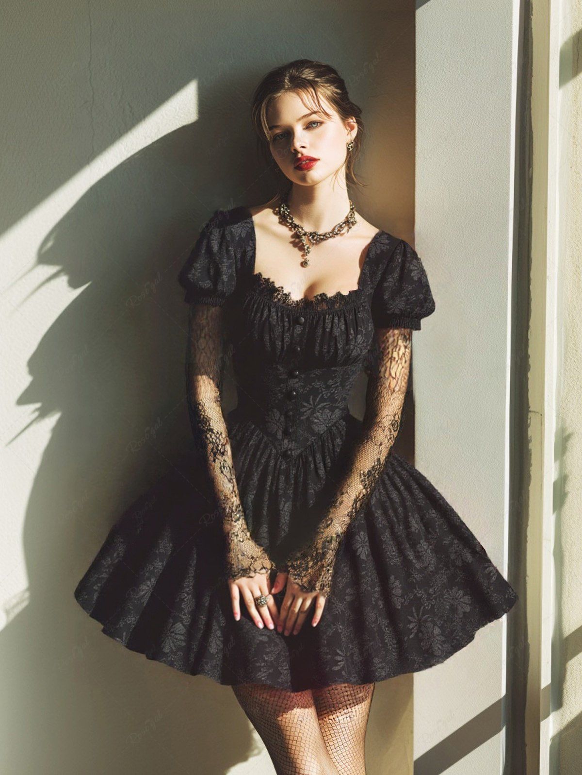 Buy Gothic Chrysanthemum Floral Jacquard Ruched Bust Half Button Front Opening A Line Dress  