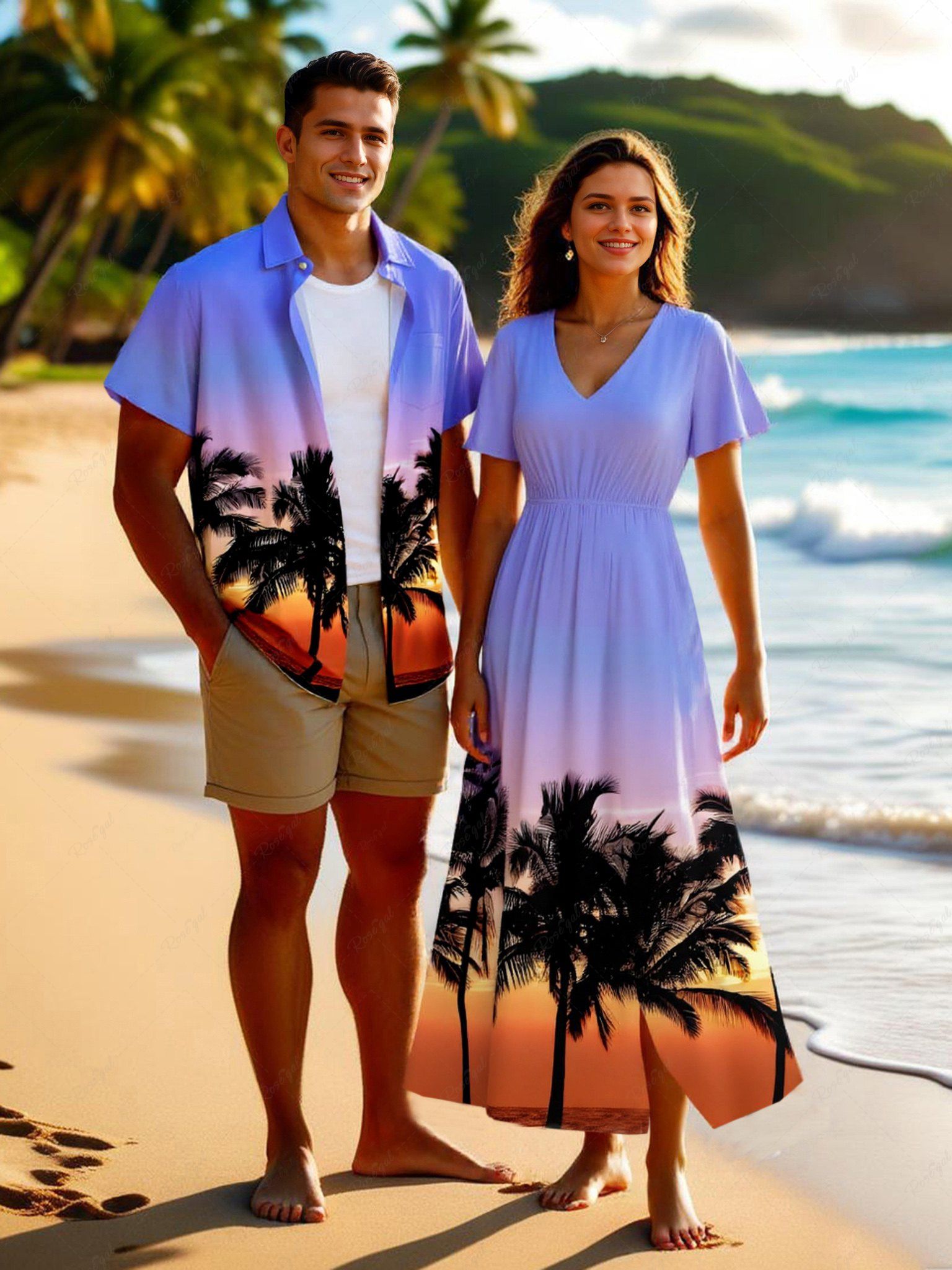Online Coconut Tree Ombre Sunset Dusk Print Plus Size Matching Hawaii Beach Outfit For Couples  