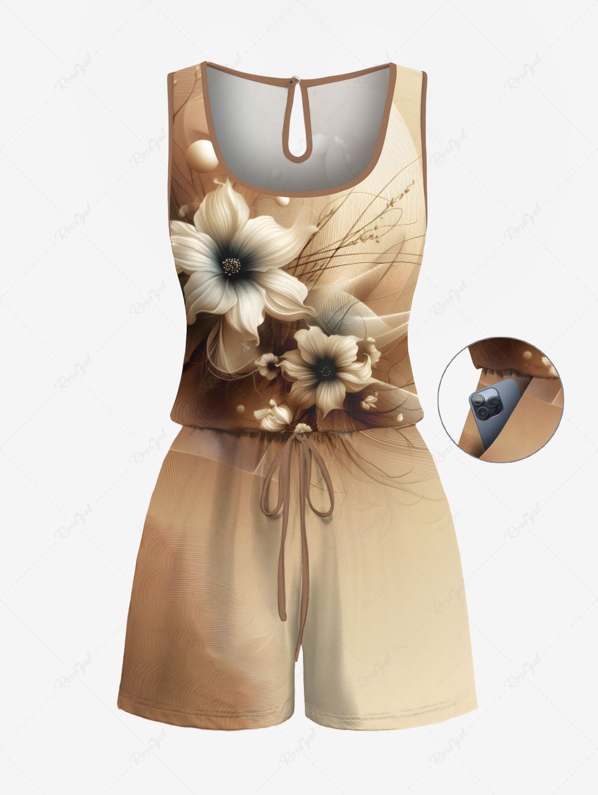 Chic Plus Size Flowers Pearl Ombre Print Cinched Hawaii Romper  