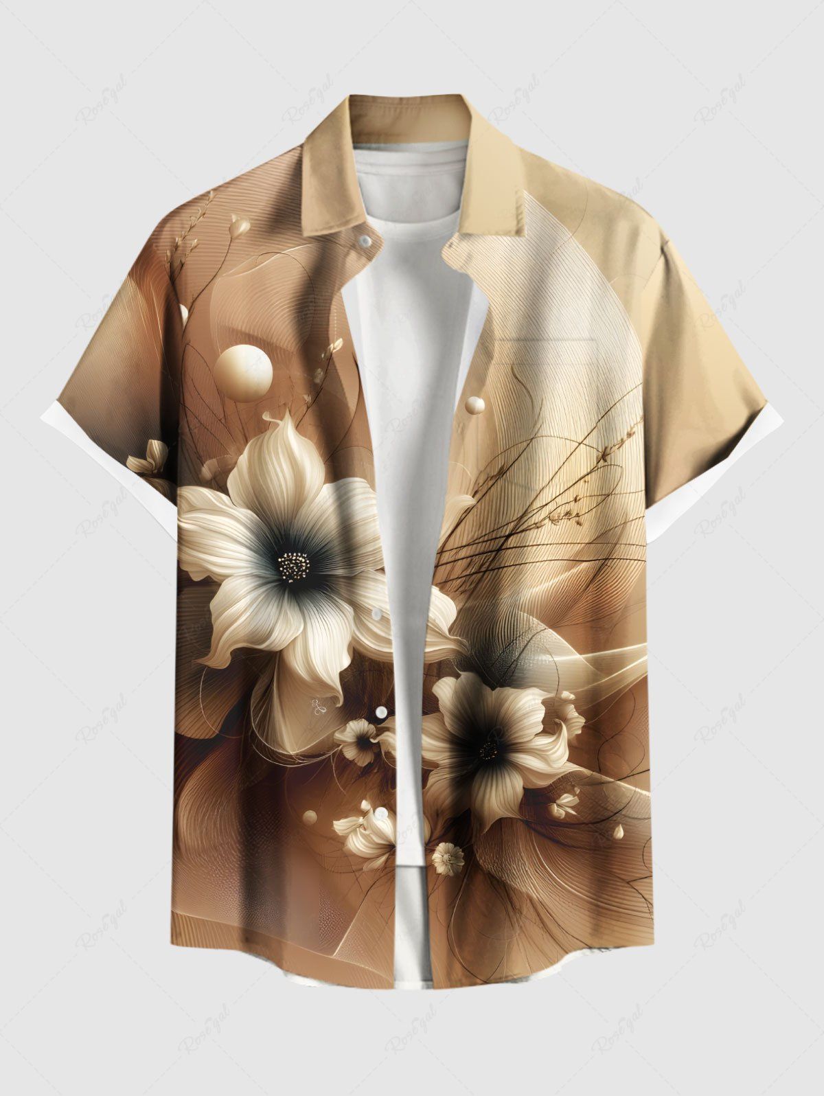 Chemise hawaïenne grande taille à imprimé floral et perles ombré, boutons et poches pour homme café 3XL