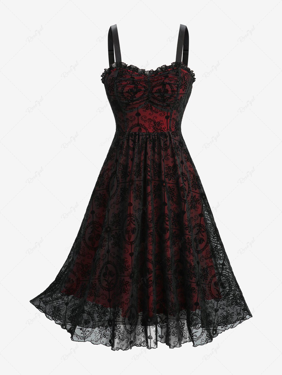 Fashion Gothic Flower Flocking Mesh Ruffles Ruched Tank Dress  