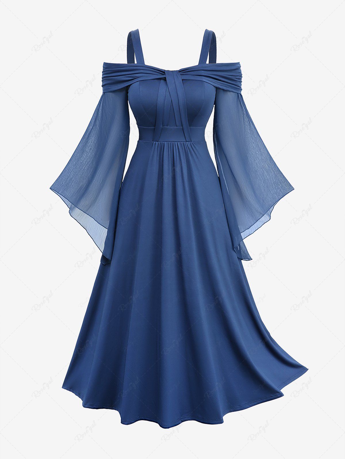 Robe midi débardeur à manches évasées en maille transparente, épaules dénudées et froncée Bleu profond XXL