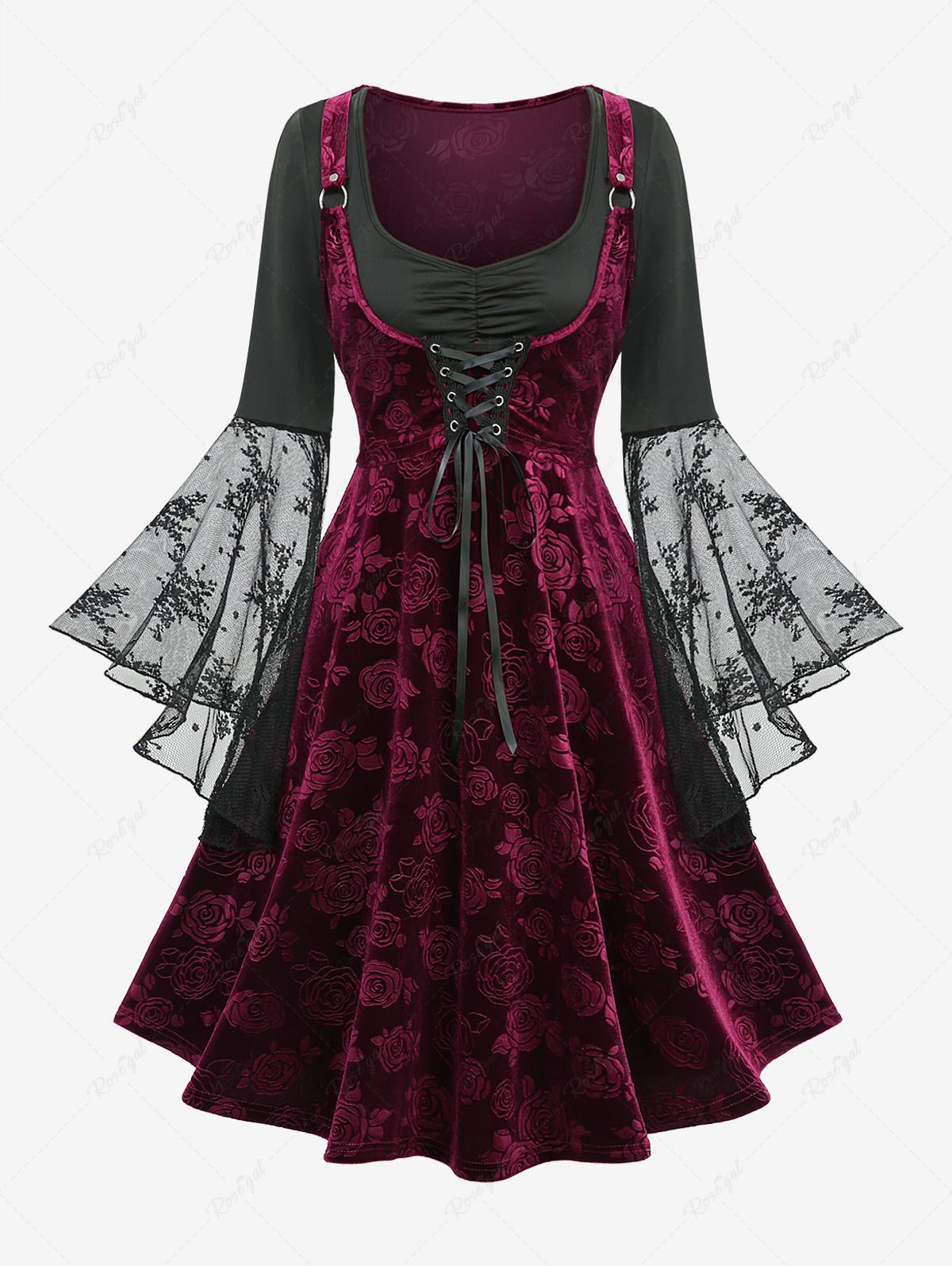 Fancy Lace Flare Sleeve Rose Flower Velvet Embossed Lace-up Ruched 2 in 1 A Line Dress  