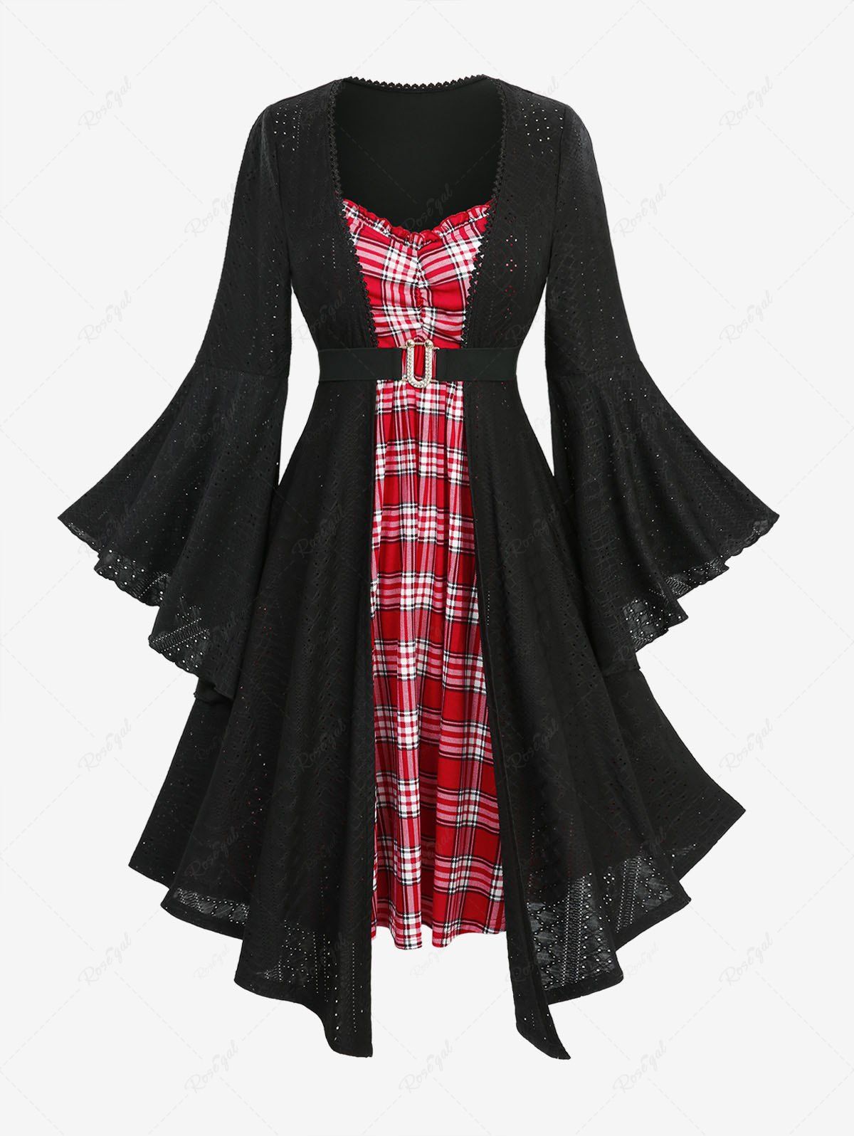 Robe 2 en 1 à manches évasées, imprimé à carreaux, froncée, en maille ajourée jacquard, avec ceinture amovible Noir XXL