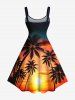 Robe débardeur grande taille à imprimé cocotier, soleil, ombré, crépuscule, style hawaïen, coupe trapèze - Noir 4X