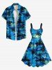Robe débardeur grande taille à imprimé paysage marin hawaïen, motif cocotier, hibiscus et fleurs - Bleu Ciel XXS