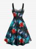 Plus Size Hibiscus Flower Tropical Leaf Print Buttons Turn Down Collar Hawaii Dress With Belt -  