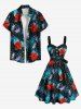 Plus Size Hibiscus Flower Tropical Leaf Print Buttons Turn Down Collar Hawaii Dress With Belt -  