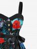 Plus Size Hibiscus Flower Tropical Leaf Print Buttons Turn Down Collar Hawaii Dress With Belt -  