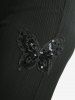Pantalon évasé uni à poches côtelées et application papillon à sequins - Noir S