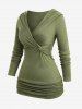 Haut à manches longues froncé torsadé et surplis de couleur unie - Vert profond XXXL