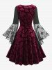 Lace Flare Sleeve Rose Flower Velvet Embossed Lace-up Ruched 2 in 1 A Line Dress -  