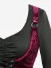 Gothic Lace Flare Sleeve Rose Flower Velvet Embossed Lace-up Ruched 2 in 1 A Line Dress -  