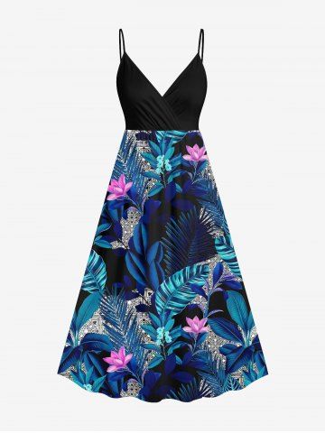 Plus Size Tropical Leaf Flowers Print Surplice Hawaii Cami Dress - DEEP BLUE - 1X