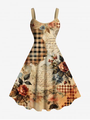 Plus Size Rose Flower Leaf Newspaper Plaid Print Hawaii Tank Dress - COFFEE - M