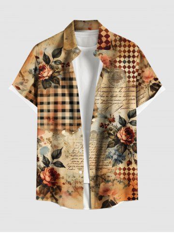 Plus Size Rose Flower Leaf Newspaper Plaid Print Buttons Pocket Hawaii Shirt For Men - COFFEE - 6XL