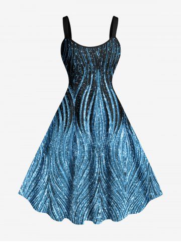 Plus Size Curve Pattern Sparkling Sequin 3D Print Hawaii Tank Dress - BLUE - 1X