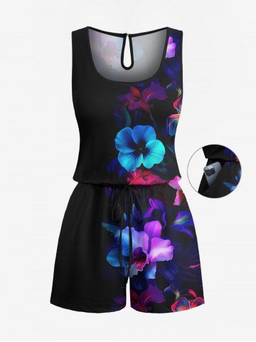 Plus Size Hibiscus Flowers Print Cinched Hawaii Romper - BLACK - 3X