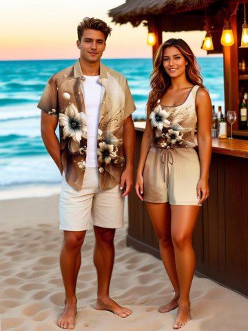 Ensemble chemise et barboteuse hawaïennes assorties, grande taille, tenue de plage, imprimé fleurs, perles et ombré, pour couples