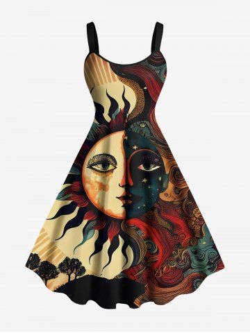 Plus Size Sun Moon Star Face Trees Print Tank Dress - COFFEE - XXS