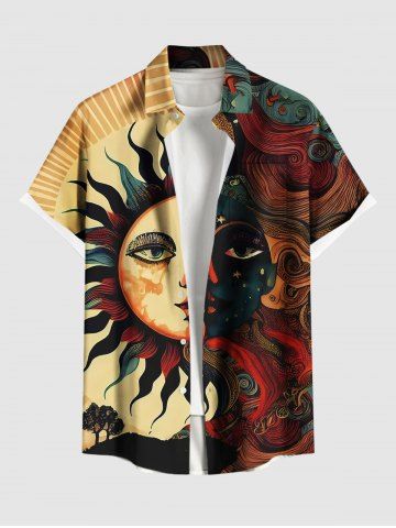 Plus Size Sun Moon Star Face Trees Print Buttons Pocket Shirt For Men - LIGHT COFFEE - 6XL