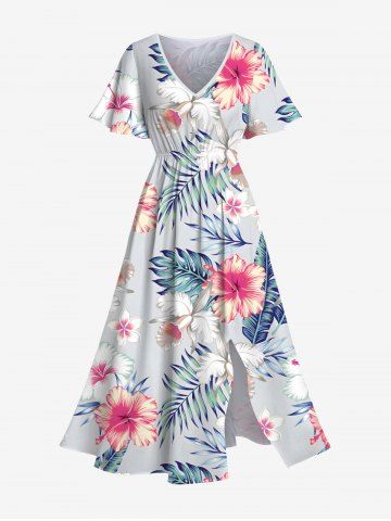 Plus Size Hibiscus Flowers Leaf Tropical Print Split Hawaii Midi Dress - LIGHT GRAY - M