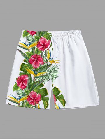 Plus Size Tropical Leaf Hibiscus Flowers Print Hawaii Beach Shorts For Men - WHITE - 7XL