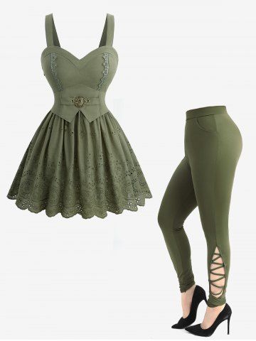 Embroidery Floral Hollow Out Lace Trim Tank Top and Crisscross Side Solid Skinny Leggings Plus Size Outfit