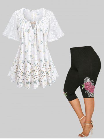 Floral Print Laser Cut Keyhole Heart Crochet Sleeves Top and Rose Printed High Waist Capri Leggings Plus Size Outfit - WHITE