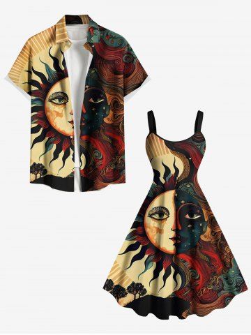 Sun Moon Star Face Trees Print Plus Size Matching Hawaii Beach Outfit For Couples - COFFEE