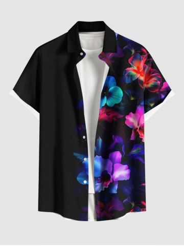 Plus Size Hibiscus Flowers Print Buttons Pocket Hawaii Shirt For Men - BLACK - S
